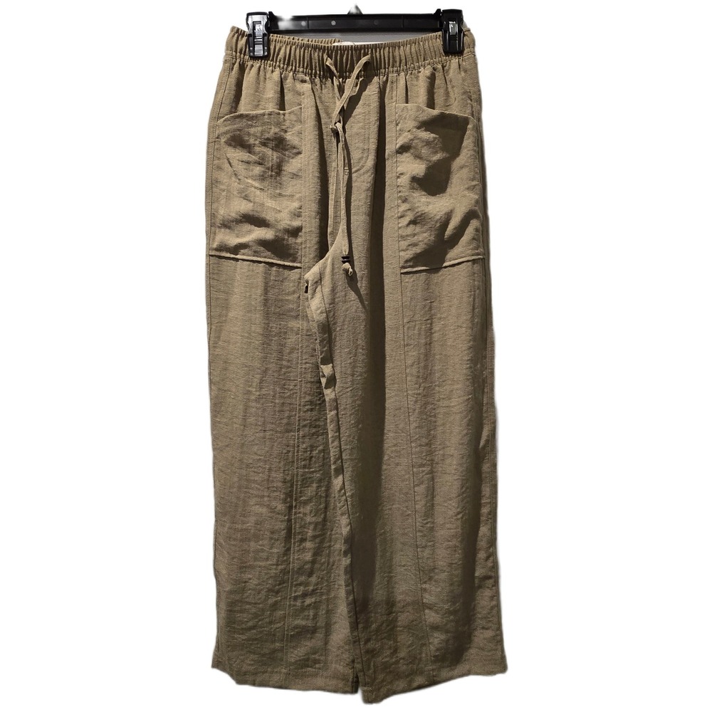 Zara Womens XS Khaki Green Wide Leg‎ Drawstring Elastic Waist Patch Pocket Pants